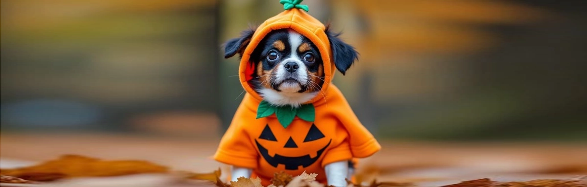 Perro con disfraz de calabaza para Halloween